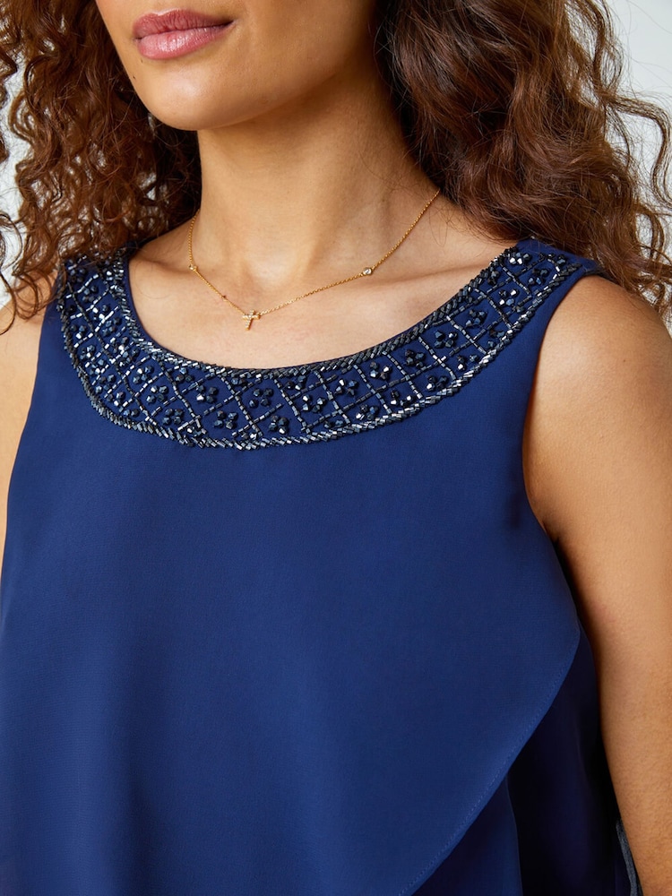 Roman Blue Bead Embellished Tiered Chiffon Dress - Image 5 of 5