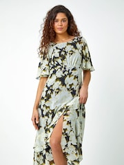 Roman Green Floral Print Chiffon Tiered Midi Dress - Image 1 of 5