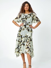 Roman Green Floral Print Chiffon Tiered Midi Dress - Image 3 of 5