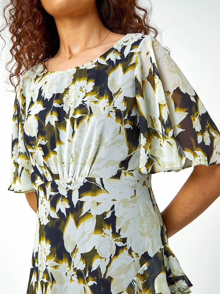 Roman Green Floral Print Chiffon Tiered Midi Dress - Image 5 of 5