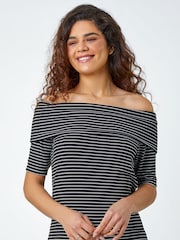 Roman Black Stripe Ribbed Stretch Bardot Top - Image 1 of 5