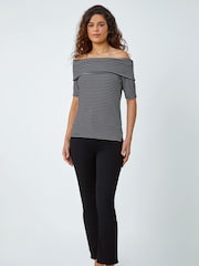Roman Black Stripe Ribbed Stretch Bardot Top - Image 2 of 5