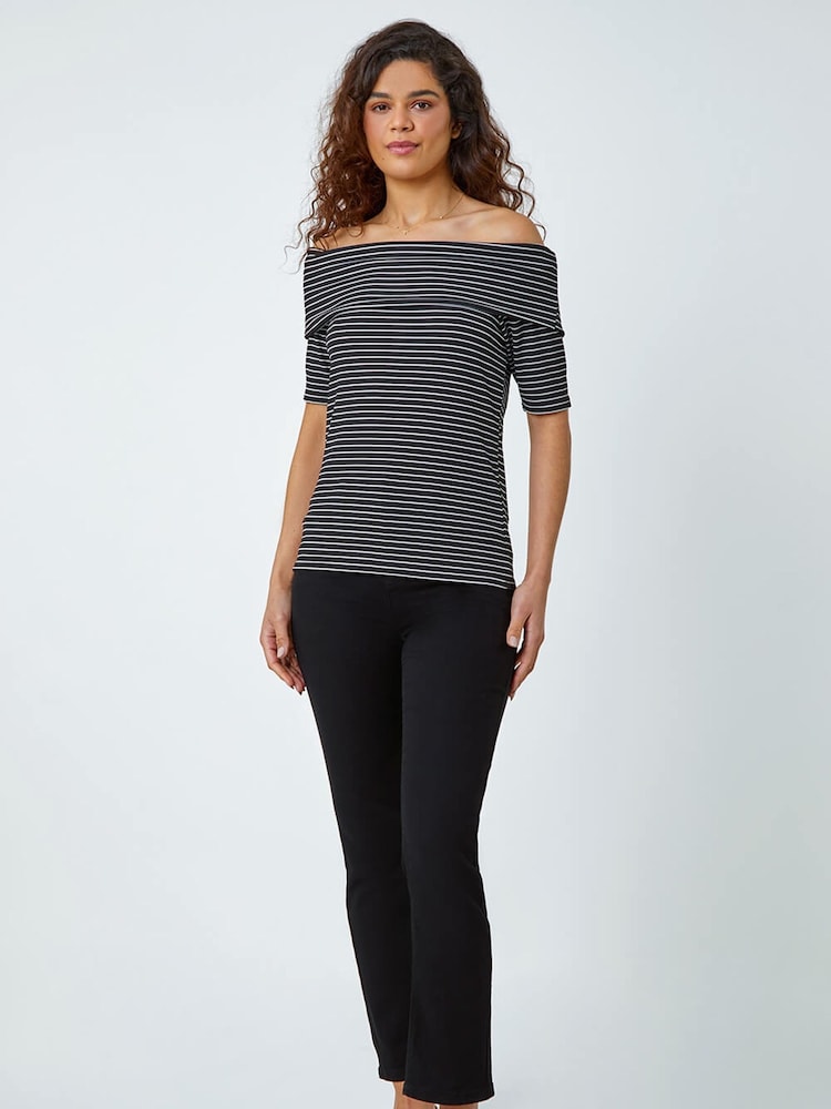Roman Black Stripe Ribbed Stretch Bardot Top - Image 2 of 5