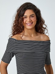Roman Black Stripe Ribbed Stretch Bardot Top - Image 4 of 5