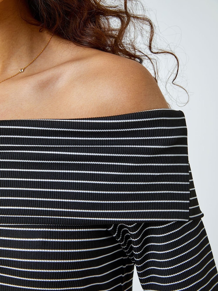 Roman Black Stripe Ribbed Stretch Bardot Top - Image 5 of 5