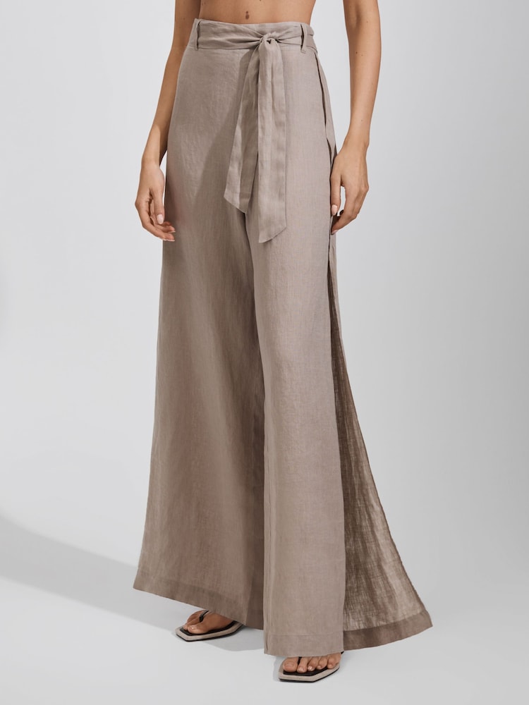 Reiss Taupe Harry Linen Side Split Trousers - Image 1 of 6