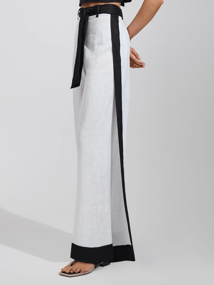 Reiss White/Navy Harlow Linen Side Split Trousers - Image 1 of 6