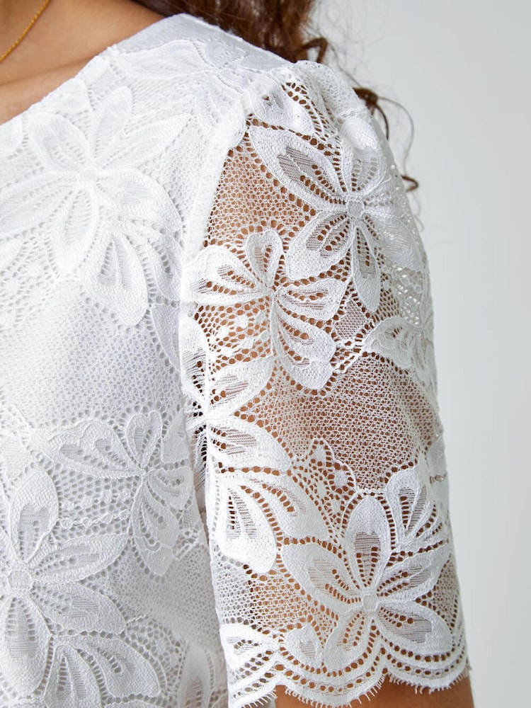 Roman White Floral Stretch Lace Top - Image 5 of 5