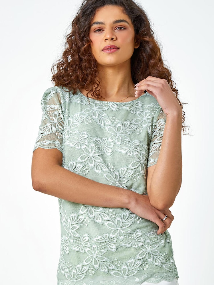 Roman Green Floral Stretch Lace Top - Image 1 of 5