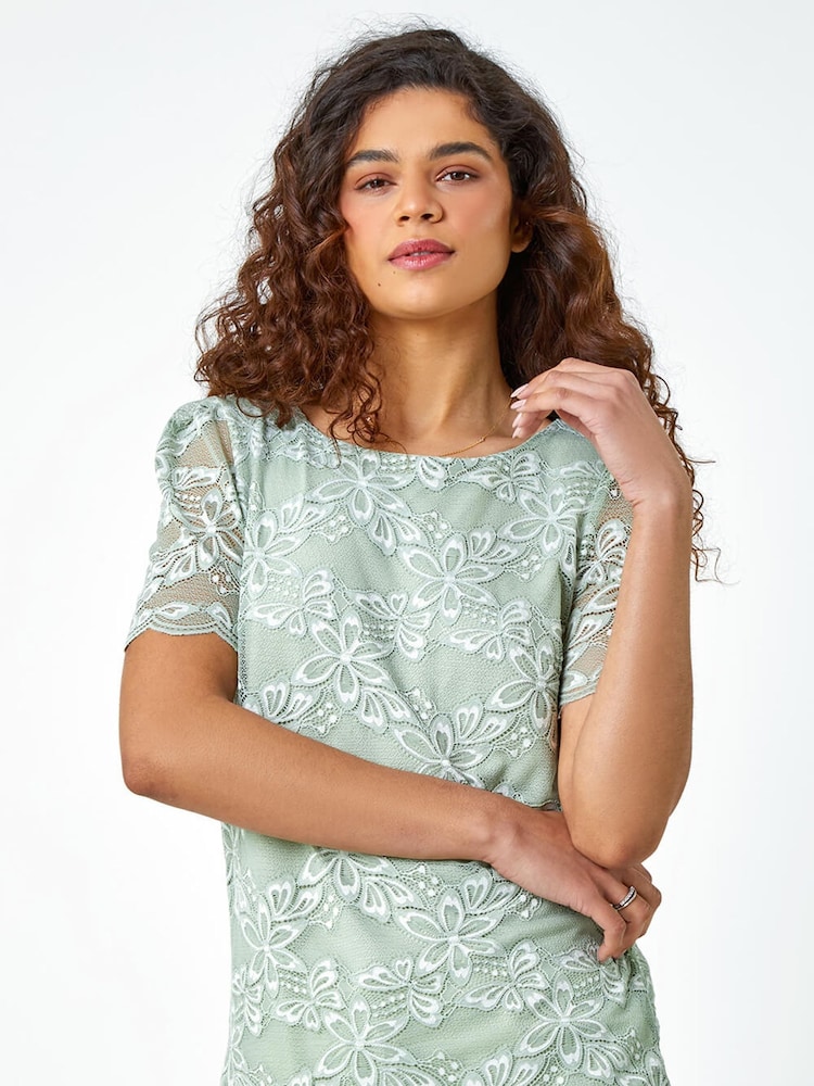 Roman Green Floral Stretch Lace Top - Image 1 of 5 Roman Green Floral Stretch Lace Top - Image 1 of 5