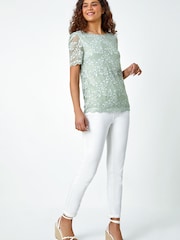 Roman Green Floral Stretch Lace Top - Image 2 of 5
