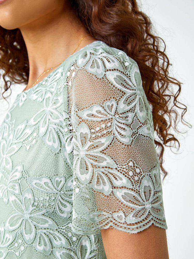 Roman Green Floral Stretch Lace Top - Image 5 of 5 Roman Green Floral Stretch Lace Top - Image 5 of 5