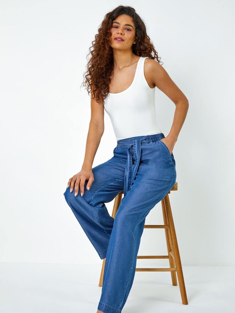Roman Blue Tie Waist Wide Leg Trousers - Image 2 of 5
