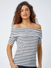 Roman White Stripe Ribbed Stretch Bardot Top - Image 1 of 5