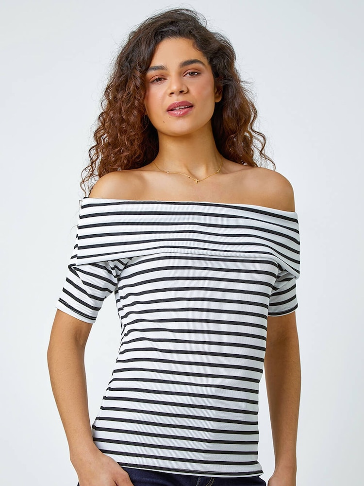 Roman White Stripe Ribbed Stretch Bardot Top - Image 1 of 5