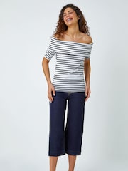 Roman White Stripe Ribbed Stretch Bardot Top - Image 2 of 5