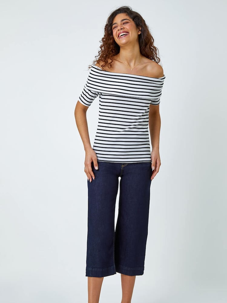 Roman White Stripe Ribbed Stretch Bardot Top - Image 2 of 5