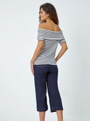 Roman White Stripe Ribbed Stretch Bardot Top - Image 3 of 5