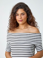 Roman White Stripe Ribbed Stretch Bardot Top - Image 4 of 5