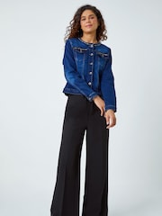 Roman Blue Collarless Tape Stretch Denim Jacket - Image 1 of 5