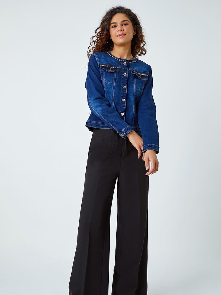 Roman Blue Collarless Tape Stretch Denim Jacket - Image 1 of 5