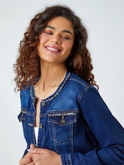 Roman Blue Collarless Tape Stretch Denim Jacket - Image 2 of 5