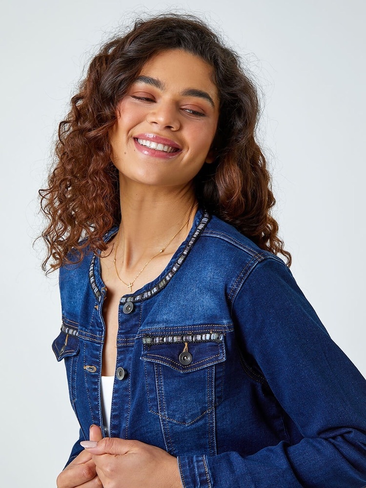 Roman Blue Collarless Tape Stretch Denim Jacket - Image 2 of 5
