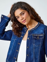 Roman Blue Collarless Tape Stretch Denim Jacket - Image 4 of 5