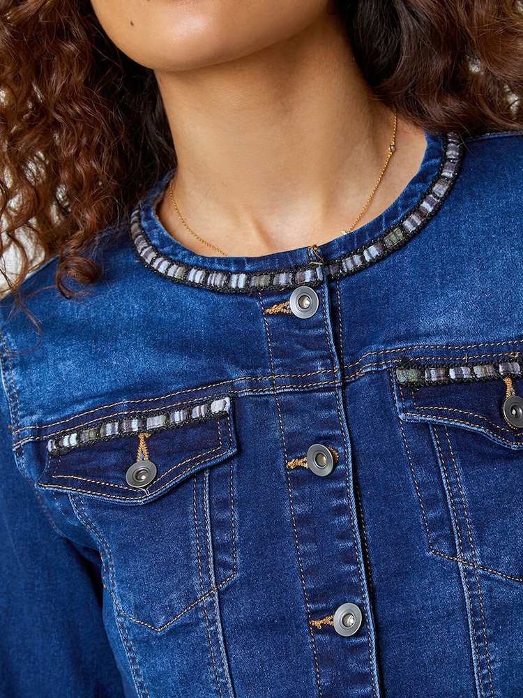Roman Blue Collarless Tape Stretch Denim Jacket - Image 5 of 5