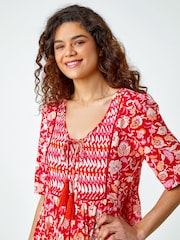 Roman Red Floral Print Boho Smock Top - Image 1 of 5