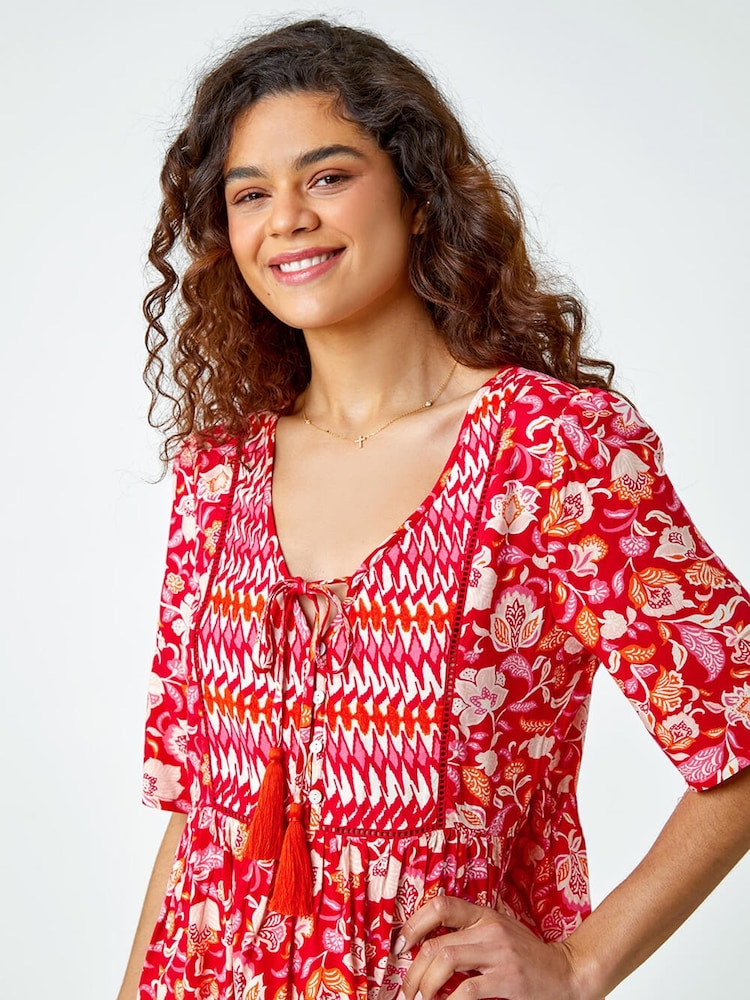 Roman Red Floral Print Boho Smock Top - Image 1 of 5