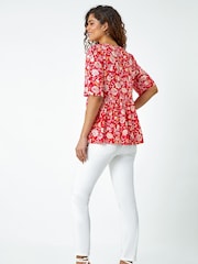 Roman Red Floral Print Boho Smock Top - Image 3 of 5