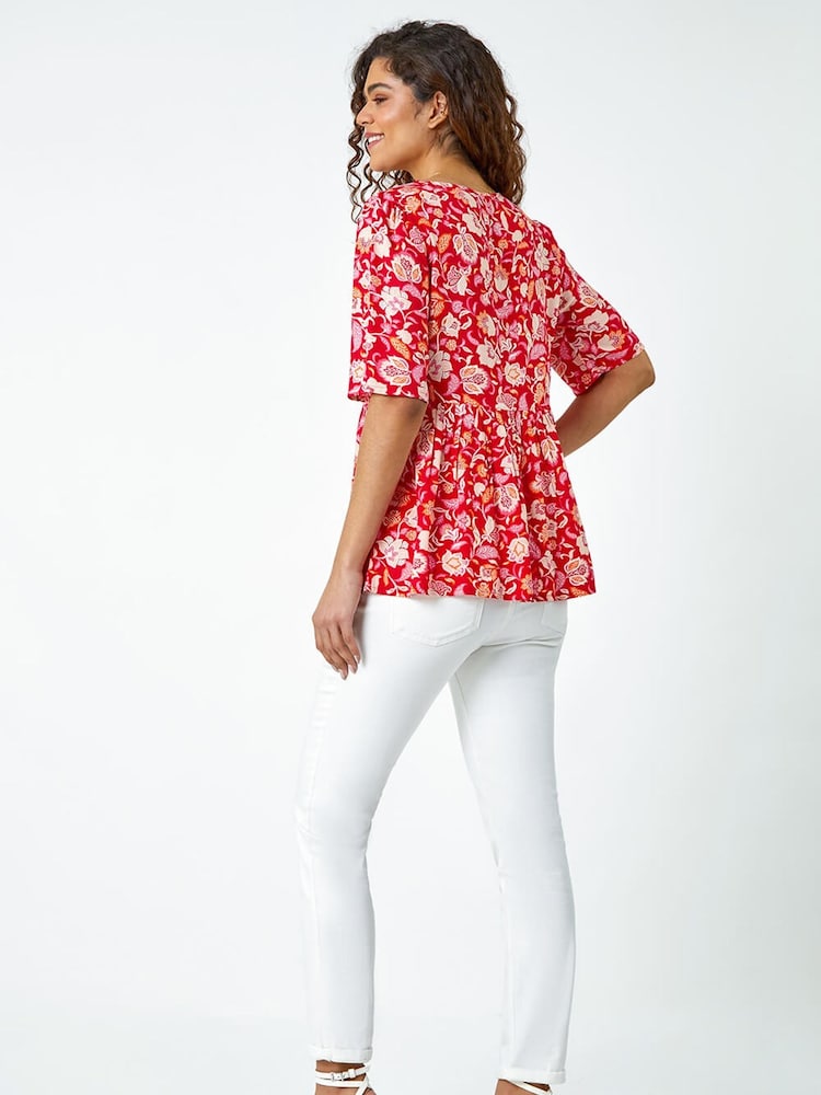 Roman Red Floral Print Boho Smock Top - Image 3 of 5