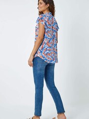 Roman Blue Paris Floral Print Wrap Front Smock Mini Dress - Image 2 of 5