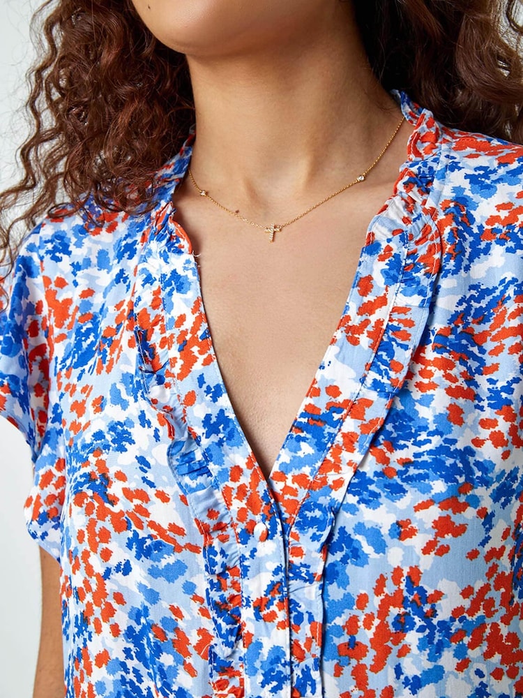 Roman Blue Paris Floral Print Wrap Front Smock Mini Dress - Image 5 of 5
