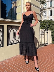 Schwarz - Paris Broderies Frill Hem White Midi Dress - Bild 4 von 4