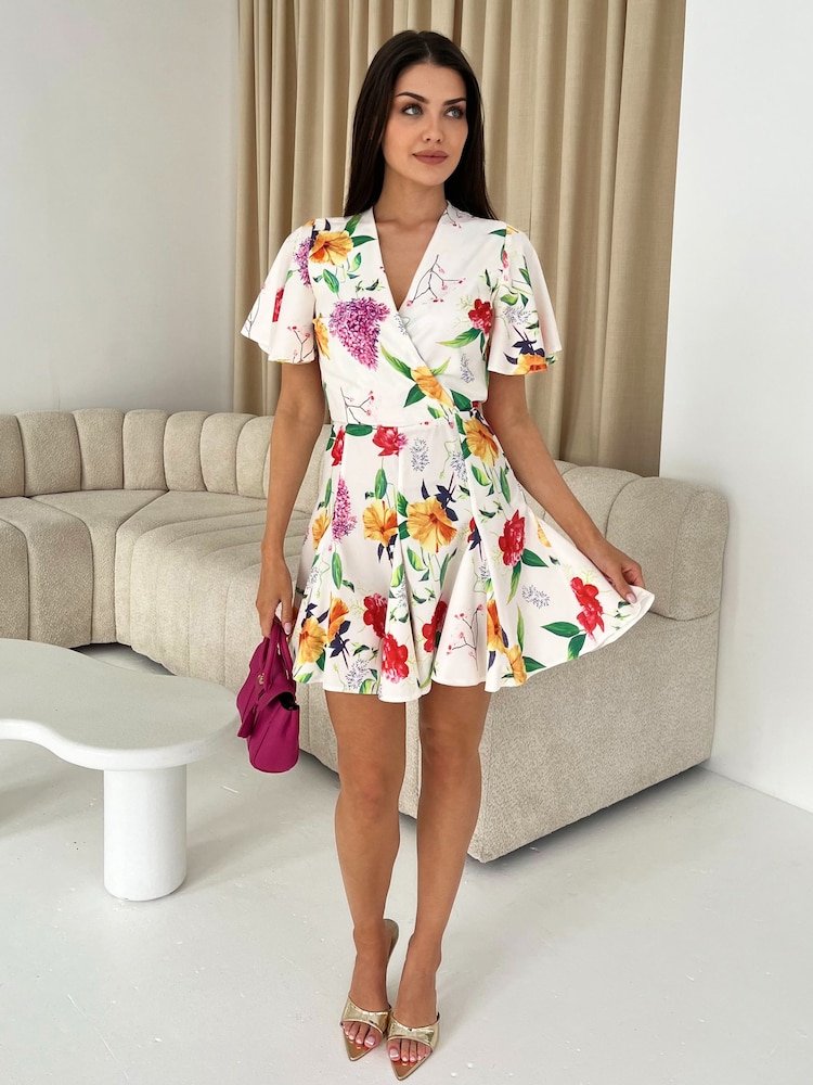 Paris Floral Print Wrap Front Smock Mini Dress - Image 1 of 4