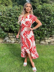 AX Paris Burnt Orange Abstract Print Wrap Over High Low Frill Hem Midi Dress - Image 1 of 4