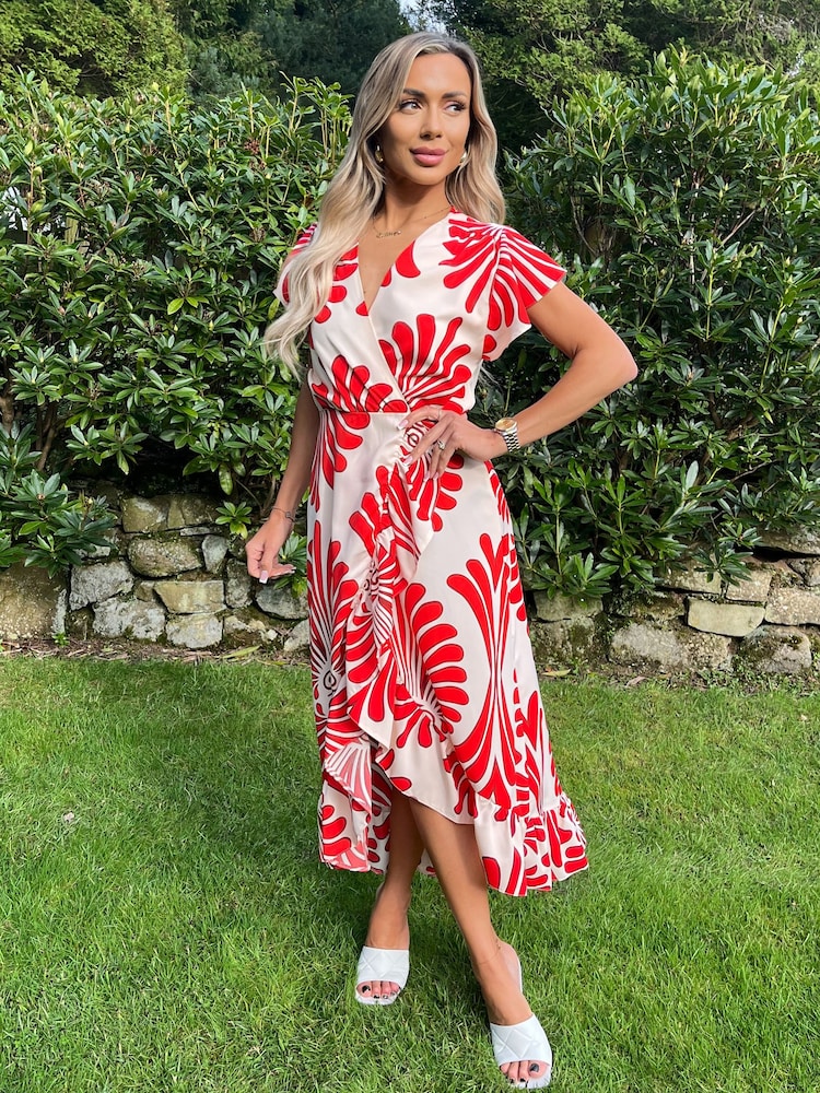 AX Paris Burnt Orange Abstract Print Wrap Over High Low Frill Hem Midi Dress - Image 1 of 4