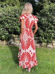 AX Paris Burnt Orange Abstract Print Wrap Over High Low Frill Hem Midi Dress - Image 2 of 4