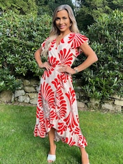 AX Paris Burnt Orange Abstract Print Wrap Over High Low Frill Hem Midi Dress - Image 3 of 4