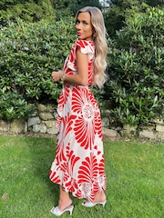 AX Paris Burnt Orange Abstract Print Wrap Over High Low Frill Hem Midi Dress - Image 4 of 4