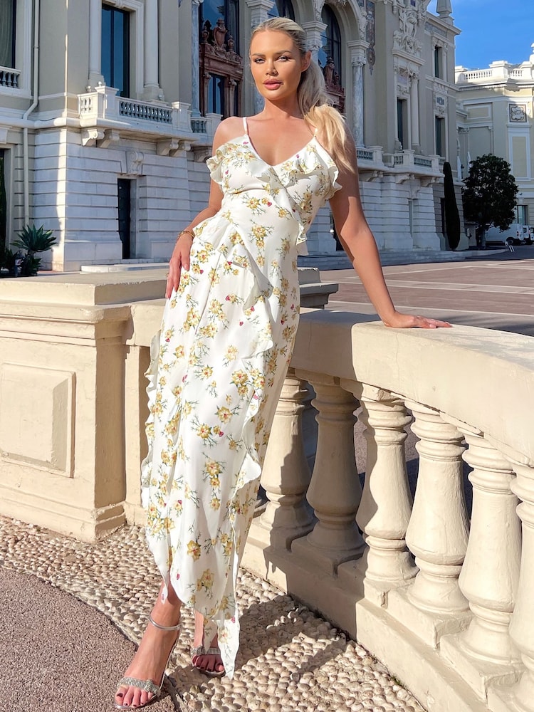 AX Paris Cream Floral Printed Strappy Frill Hem Midi Dress - Image 1 of 4