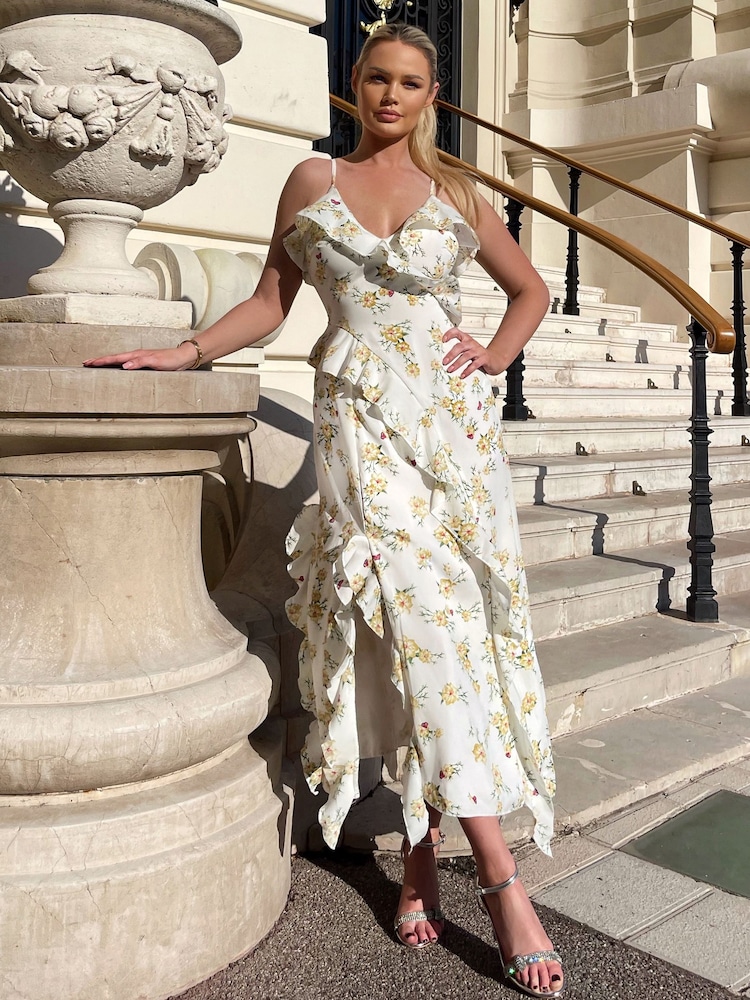 AX Paris Cream Floral Printed Strappy Frill Hem Midi Dress - Image 4 of 4