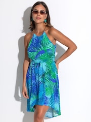 Pour Moi Blue LENZING™ ECOVERO™ Viscose Gold Chain High Neck Beach Dress - Image 1 of 4