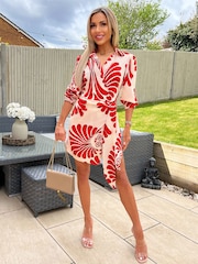 AX Paris Burnt Orange Abstract Print Gathered Wrap Shirt Mini Dress - Image 1 of 4