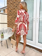 AX Paris Burnt Orange Abstract Print Gathered Wrap Shirt Mini Dress - Image 2 of 4