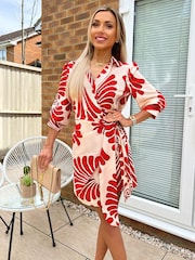 AX Paris Burnt Orange Abstract Print Gathered Wrap Shirt Mini Dress - Image 3 of 4