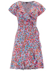 Pour Moi Blue Leopard Frill Wrap Woven Beach Dress - Image 3 of 4