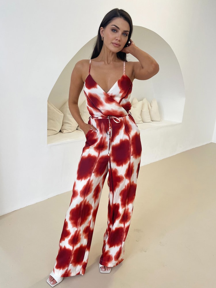 AX Paris Metallic Rust Printed Strappy Tie Waist Jumpsuit - Image 1 of 4